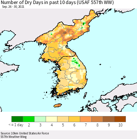 Korea Number of Dry Days in past 10 days (USAF 557th WW) Thematic Map For 9/26/2021 - 9/30/2021