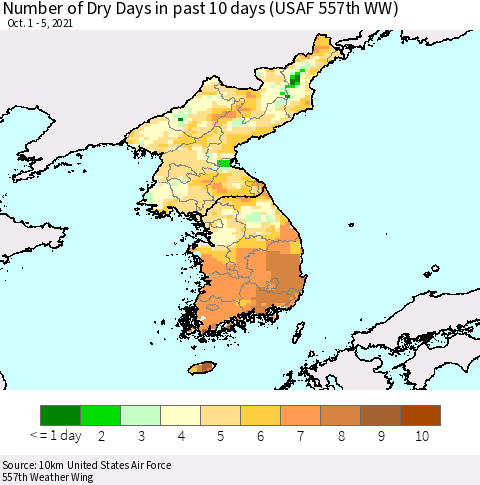 Korea Number of Dry Days in past 10 days (USAF 557th WW) Thematic Map For 10/1/2021 - 10/5/2021