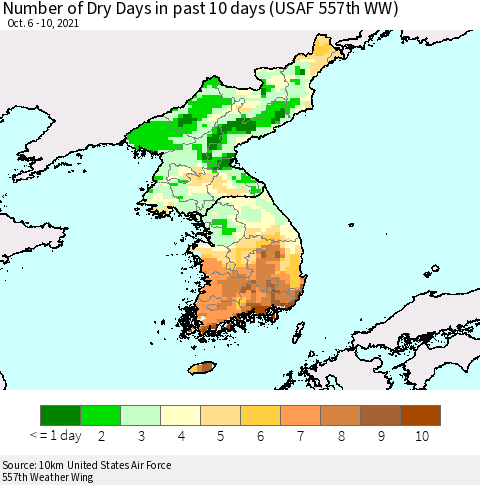 Korea Number of Dry Days in past 10 days (USAF 557th WW) Thematic Map For 10/6/2021 - 10/10/2021