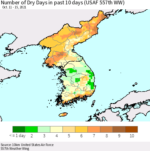Korea Number of Dry Days in past 10 days (USAF 557th WW) Thematic Map For 10/11/2021 - 10/15/2021