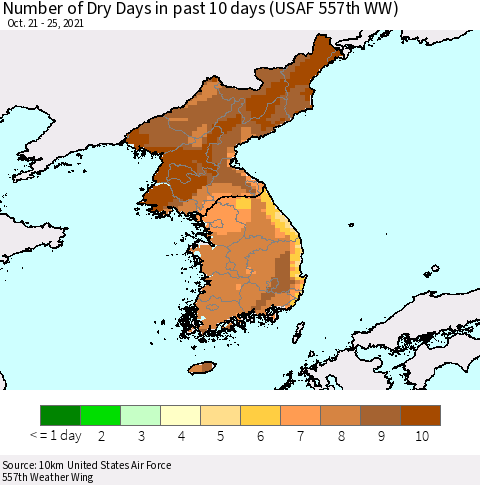 Korea Number of Dry Days in past 10 days (USAF 557th WW) Thematic Map For 10/21/2021 - 10/25/2021