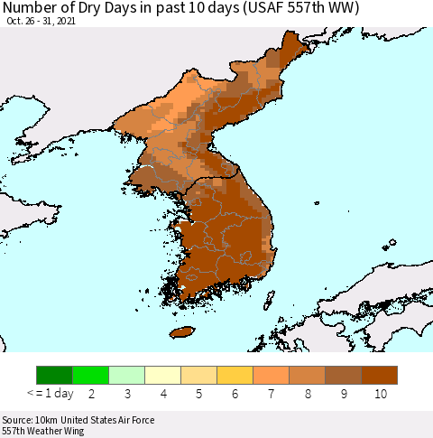 Korea Number of Dry Days in past 10 days (USAF 557th WW) Thematic Map For 10/26/2021 - 10/31/2021