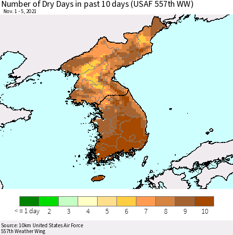 Korea Number of Dry Days in past 10 days (USAF 557th WW) Thematic Map For 11/1/2021 - 11/5/2021