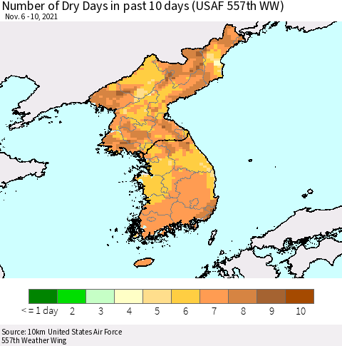 Korea Number of Dry Days in past 10 days (USAF 557th WW) Thematic Map For 11/6/2021 - 11/10/2021