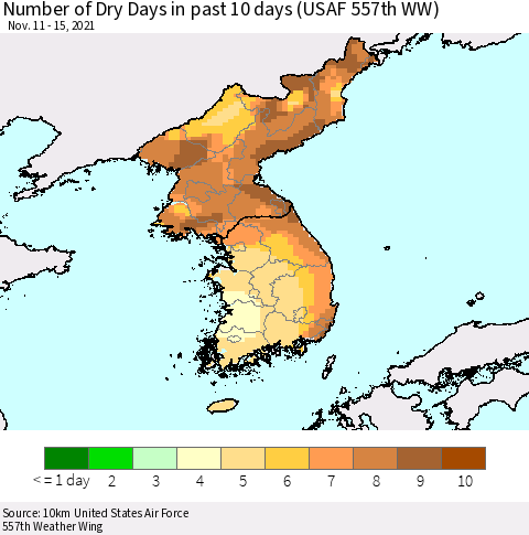 Korea Number of Dry Days in past 10 days (USAF 557th WW) Thematic Map For 11/11/2021 - 11/15/2021