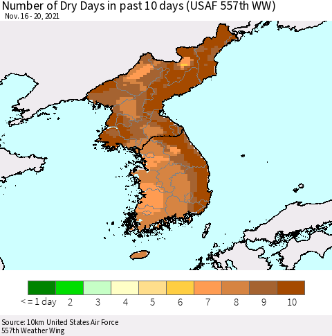 Korea Number of Dry Days in past 10 days (USAF 557th WW) Thematic Map For 11/16/2021 - 11/20/2021
