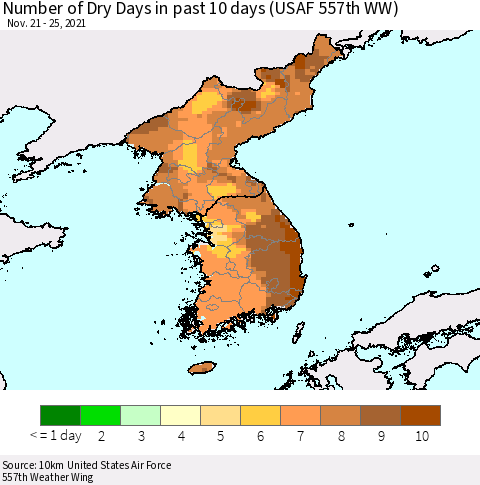 Korea Number of Dry Days in past 10 days (USAF 557th WW) Thematic Map For 11/21/2021 - 11/25/2021