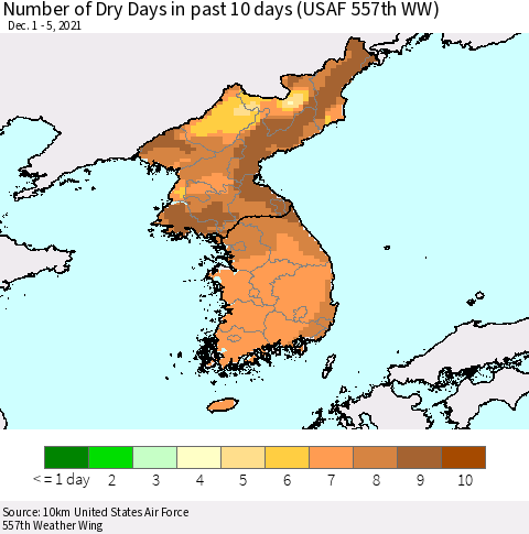 Korea Number of Dry Days in past 10 days (USAF 557th WW) Thematic Map For 12/1/2021 - 12/5/2021