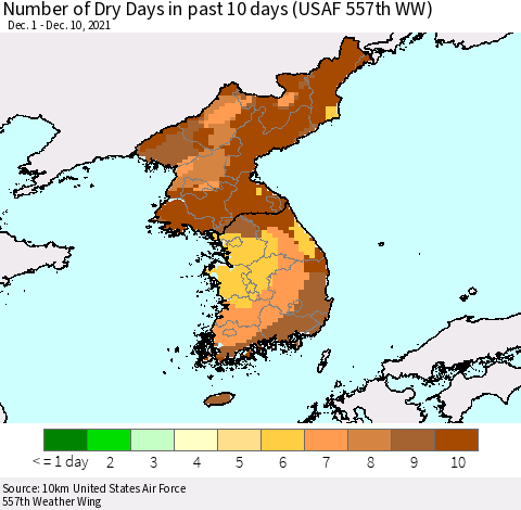 Korea Number of Dry Days in past 10 days (USAF 557th WW) Thematic Map For 12/6/2021 - 12/10/2021