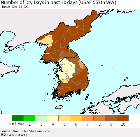 Korea Number of Dry Days in past 10 days (USAF 557th WW) Thematic Map For 12/11/2021 - 12/15/2021