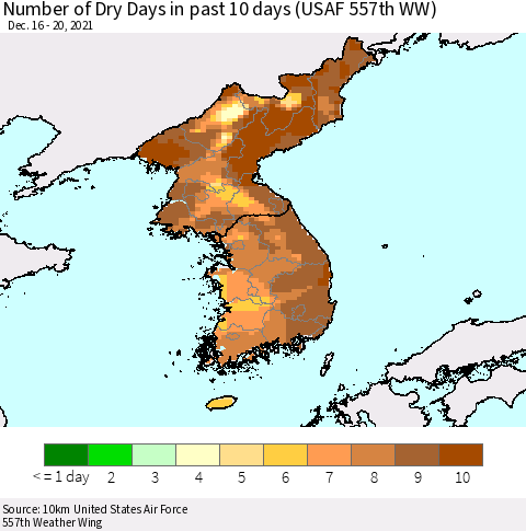 Korea Number of Dry Days in past 10 days (USAF 557th WW) Thematic Map For 12/16/2021 - 12/20/2021
