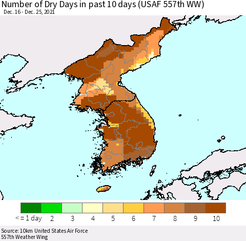 Korea Number of Dry Days in past 10 days (USAF 557th WW) Thematic Map For 12/21/2021 - 12/25/2021