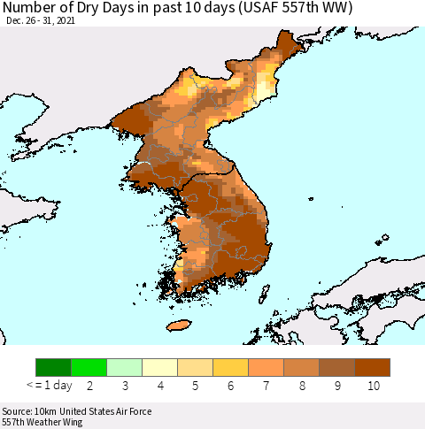 Korea Number of Dry Days in past 10 days (USAF 557th WW) Thematic Map For 12/26/2021 - 12/31/2021