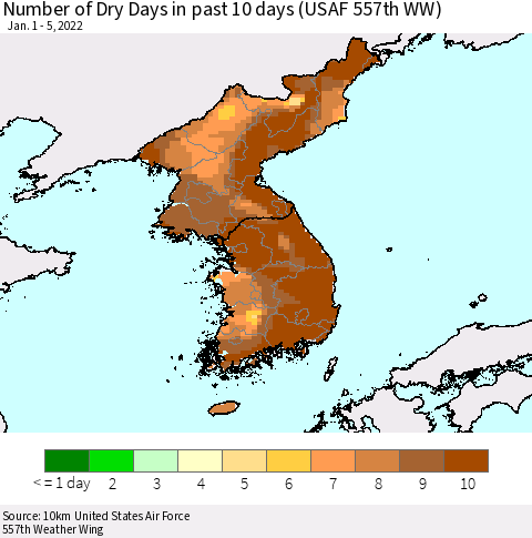 Korea Number of Dry Days in past 10 days (USAF 557th WW) Thematic Map For 1/1/2022 - 1/5/2022