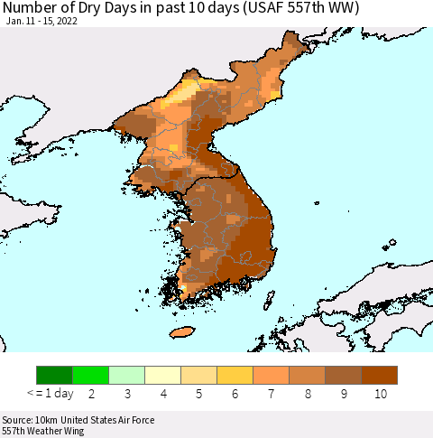 Korea Number of Dry Days in past 10 days (USAF 557th WW) Thematic Map For 1/11/2022 - 1/15/2022