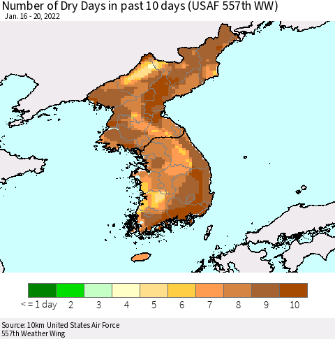Korea Number of Dry Days in past 10 days (USAF 557th WW) Thematic Map For 1/16/2022 - 1/20/2022