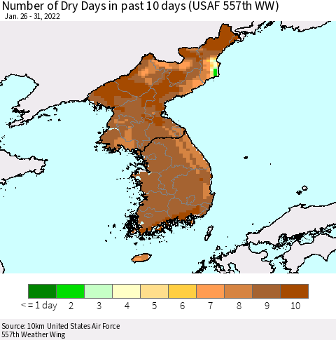Korea Number of Dry Days in past 10 days (USAF 557th WW) Thematic Map For 1/26/2022 - 1/31/2022