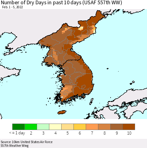 Korea Number of Dry Days in past 10 days (USAF 557th WW) Thematic Map For 2/1/2022 - 2/5/2022