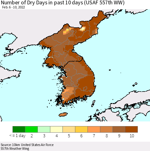 Korea Number of Dry Days in past 10 days (USAF 557th WW) Thematic Map For 2/6/2022 - 2/10/2022