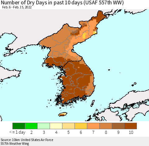 Korea Number of Dry Days in past 10 days (USAF 557th WW) Thematic Map For 2/11/2022 - 2/15/2022