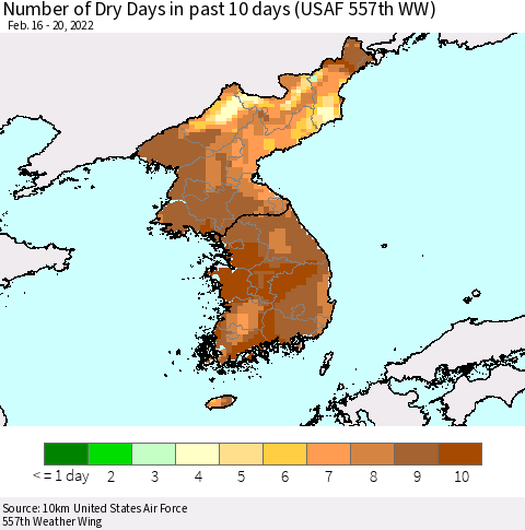 Korea Number of Dry Days in past 10 days (USAF 557th WW) Thematic Map For 2/16/2022 - 2/20/2022