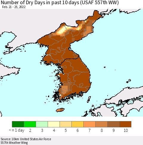 Korea Number of Dry Days in past 10 days (USAF 557th WW) Thematic Map For 2/21/2022 - 2/25/2022