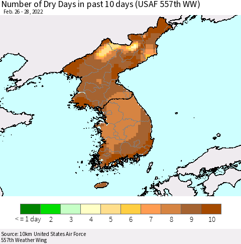 Korea Number of Dry Days in past 10 days (USAF 557th WW) Thematic Map For 2/26/2022 - 2/28/2022