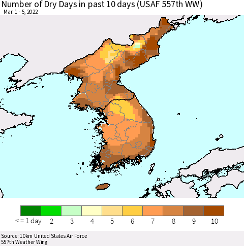 Korea Number of Dry Days in past 10 days (USAF 557th WW) Thematic Map For 3/1/2022 - 3/5/2022