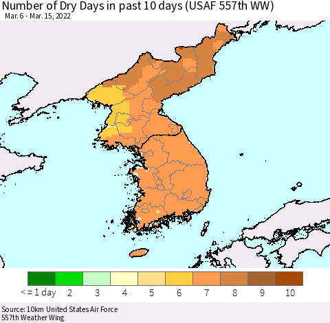 Korea Number of Dry Days in past 10 days (USAF 557th WW) Thematic Map For 3/11/2022 - 3/15/2022