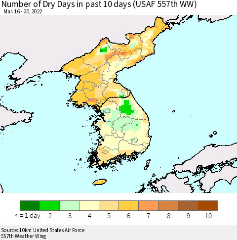 Korea Number of Dry Days in past 10 days (USAF 557th WW) Thematic Map For 3/16/2022 - 3/20/2022
