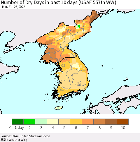 Korea Number of Dry Days in past 10 days (USAF 557th WW) Thematic Map For 3/21/2022 - 3/25/2022