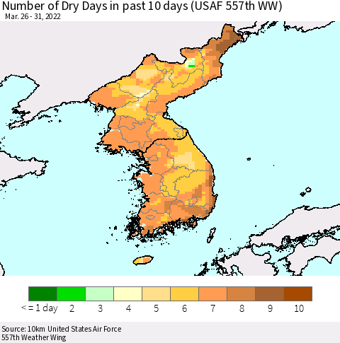 Korea Number of Dry Days in past 10 days (USAF 557th WW) Thematic Map For 3/26/2022 - 3/31/2022