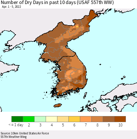 Korea Number of Dry Days in past 10 days (USAF 557th WW) Thematic Map For 4/1/2022 - 4/5/2022