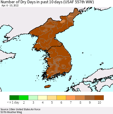 Korea Number of Dry Days in past 10 days (USAF 557th WW) Thematic Map For 4/6/2022 - 4/10/2022