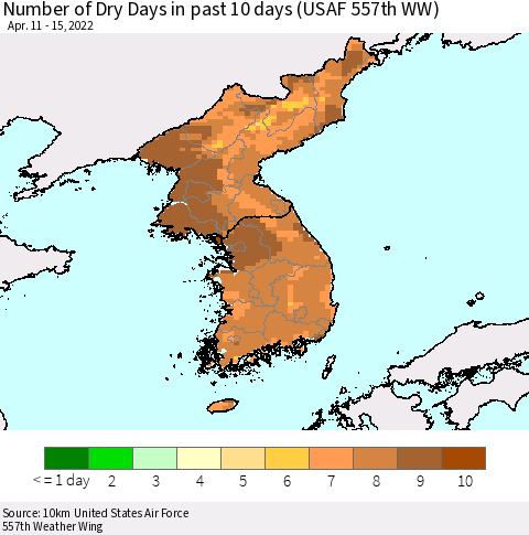 Korea Number of Dry Days in past 10 days (USAF 557th WW) Thematic Map For 4/11/2022 - 4/15/2022