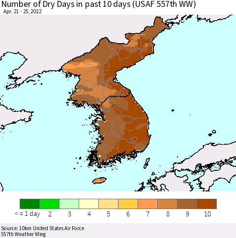 Korea Number of Dry Days in past 10 days (USAF 557th WW) Thematic Map For 4/21/2022 - 4/25/2022