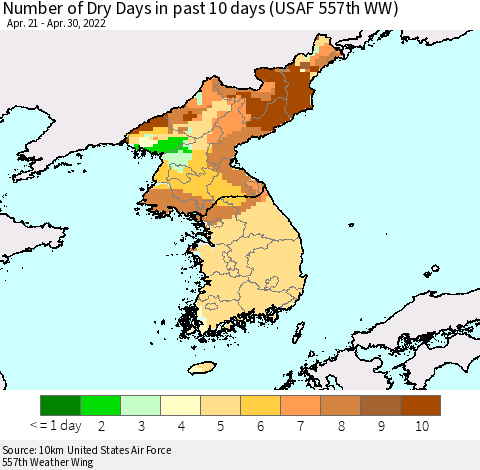 Korea Number of Dry Days in past 10 days (USAF 557th WW) Thematic Map For 4/26/2022 - 4/30/2022