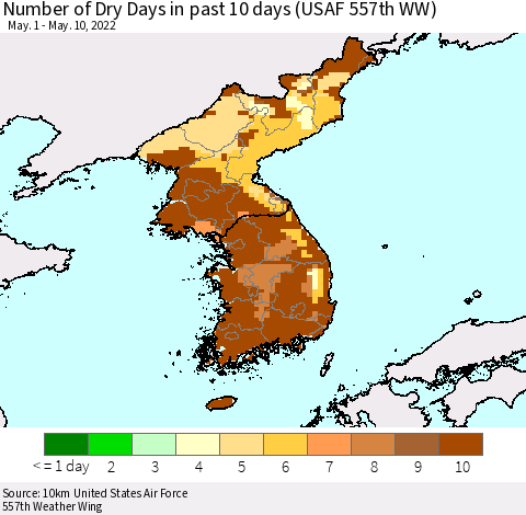 Korea Number of Dry Days in past 10 days (USAF 557th WW) Thematic Map For 5/6/2022 - 5/10/2022