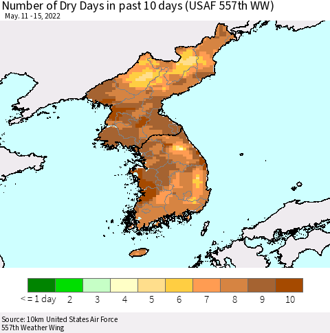 Korea Number of Dry Days in past 10 days (USAF 557th WW) Thematic Map For 5/11/2022 - 5/15/2022