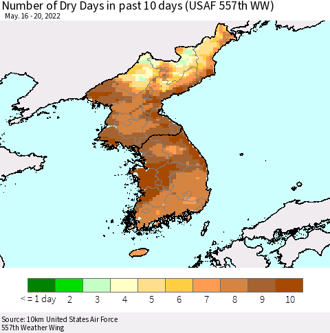 Korea Number of Dry Days in past 10 days (USAF 557th WW) Thematic Map For 5/16/2022 - 5/20/2022
