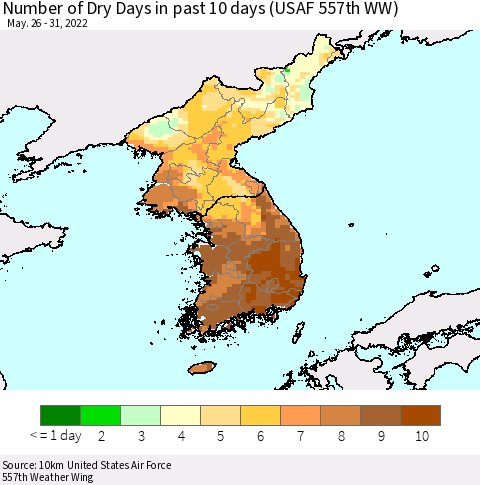 Korea Number of Dry Days in past 10 days (USAF 557th WW) Thematic Map For 5/26/2022 - 5/31/2022