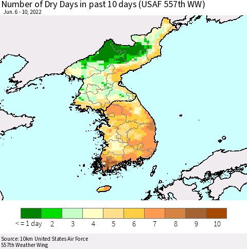 Korea Number of Dry Days in past 10 days (USAF 557th WW) Thematic Map For 6/6/2022 - 6/10/2022