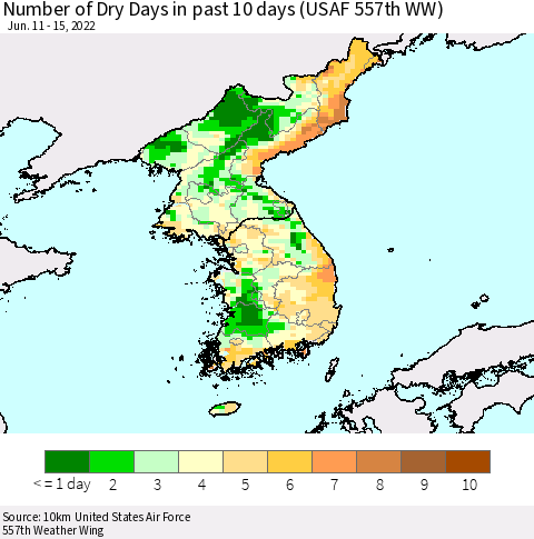 Korea Number of Dry Days in past 10 days (USAF 557th WW) Thematic Map For 6/11/2022 - 6/15/2022
