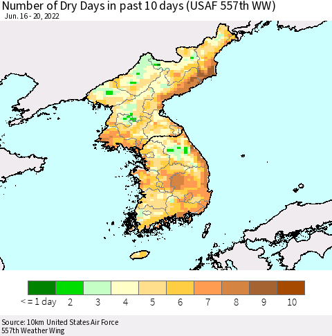Korea Number of Dry Days in past 10 days (USAF 557th WW) Thematic Map For 6/16/2022 - 6/20/2022