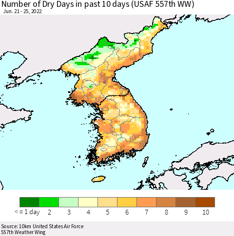Korea Number of Dry Days in past 10 days (USAF 557th WW) Thematic Map For 6/21/2022 - 6/25/2022