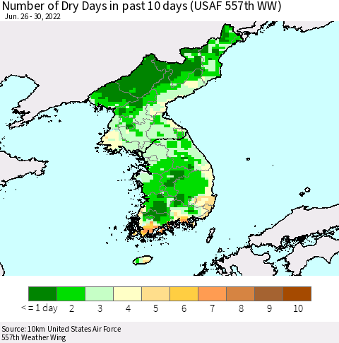 Korea Number of Dry Days in past 10 days (USAF 557th WW) Thematic Map For 6/26/2022 - 6/30/2022