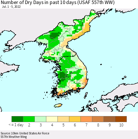 Korea Number of Dry Days in past 10 days (USAF 557th WW) Thematic Map For 7/1/2022 - 7/5/2022