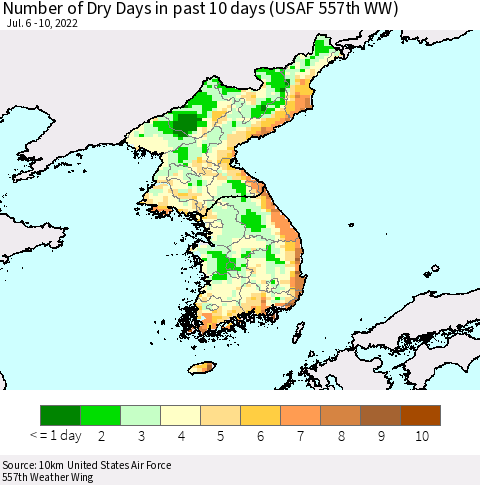 Korea Number of Dry Days in past 10 days (USAF 557th WW) Thematic Map For 7/6/2022 - 7/10/2022