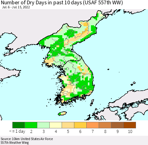 Korea Number of Dry Days in past 10 days (USAF 557th WW) Thematic Map For 7/11/2022 - 7/15/2022
