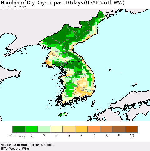 Korea Number of Dry Days in past 10 days (USAF 557th WW) Thematic Map For 7/16/2022 - 7/20/2022